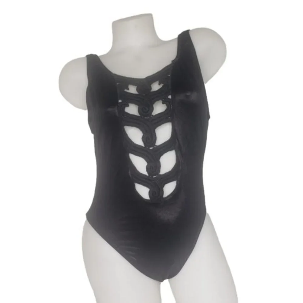 VINTAGE SOUTHERN EXPOSURE CUT OUT FRONT BLACK TANK SWIMSUIT